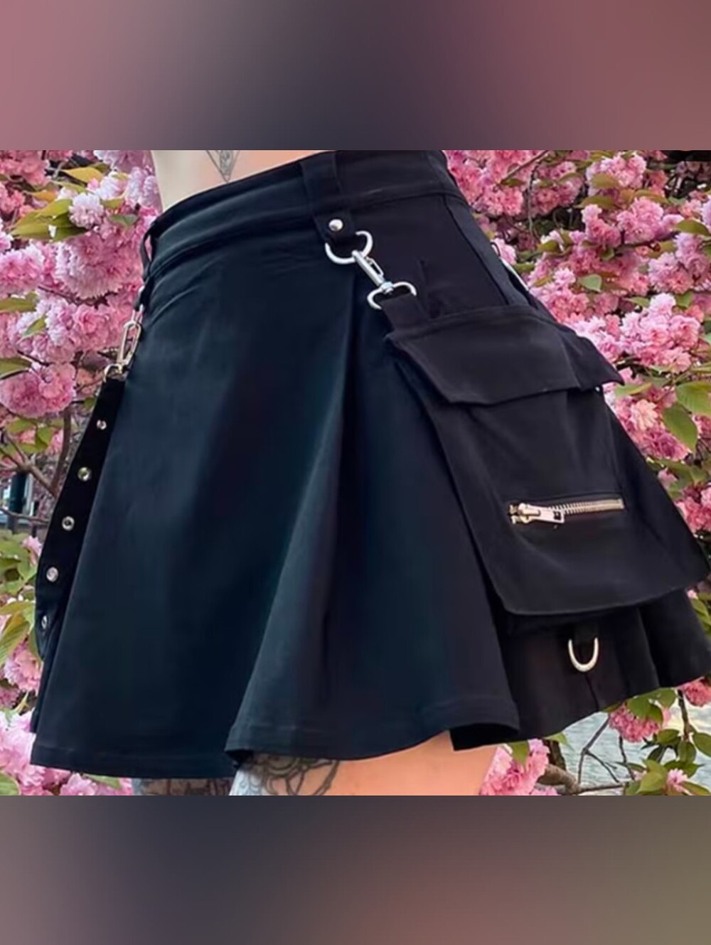 Black Utility A-Line Skirt with Pocket & Ring Detail